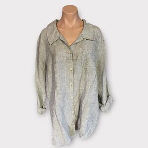 Flax Women’s Large Linen Tan Plaid Print Button Down Long Sleeve Shirt